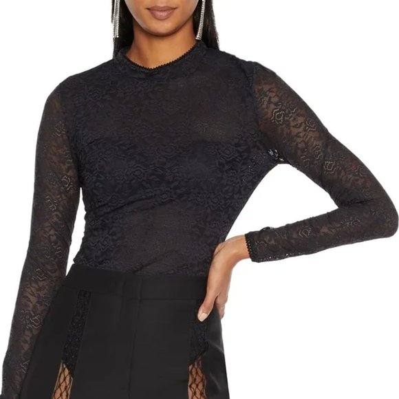 JONATHAN SIMKHAI Stretch Lace Bodysuit Long Sleeves in Semi Sheer Black Sz Small - Picture 1 of 11